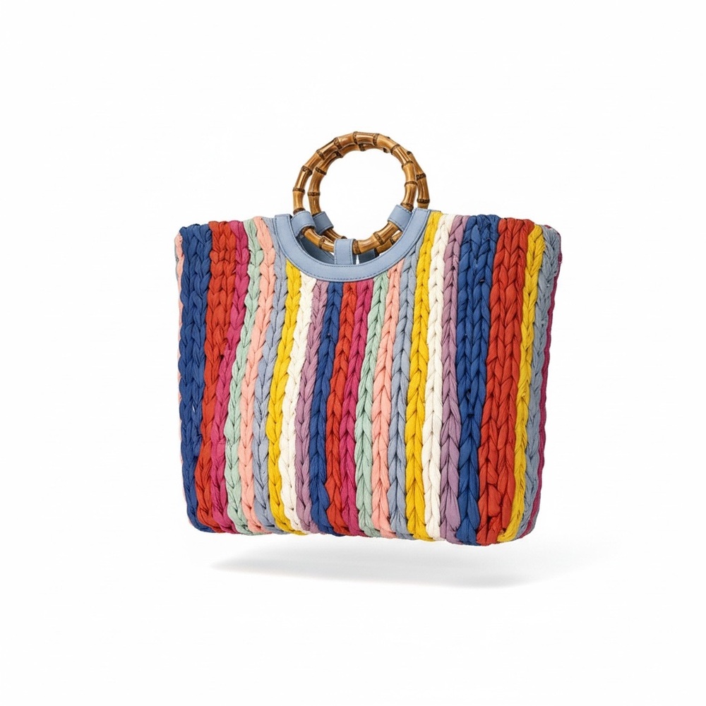 Talbots Coastal Beachy Multicolor Striped Handbag with Bamboo Handles